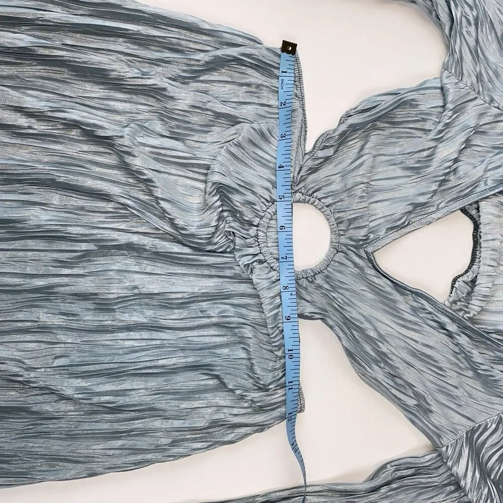 FOREVER 21 BlueMetallic Pleated Ring Cutout V-Neck Maxi Dress XL